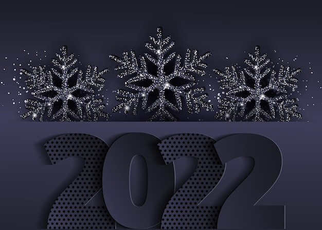 Glam Christmas cadr avec des flocons de neige brillants noirs Joyeux Noël et bonne année bannière 2022