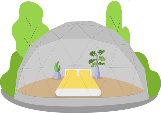 Glamping.Circle shape, text eco tourism Des tentes confortables, des maisons en verre et en bulles. chaises près du camp