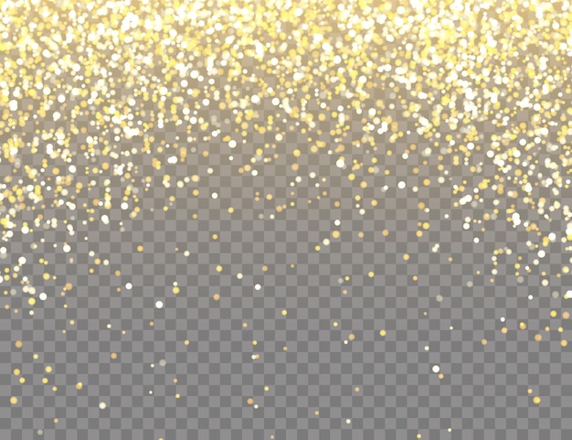 Glitter doré étincelant avec des lumières bokeh sur un fond vectoriel transparent tombant des confettis brillants