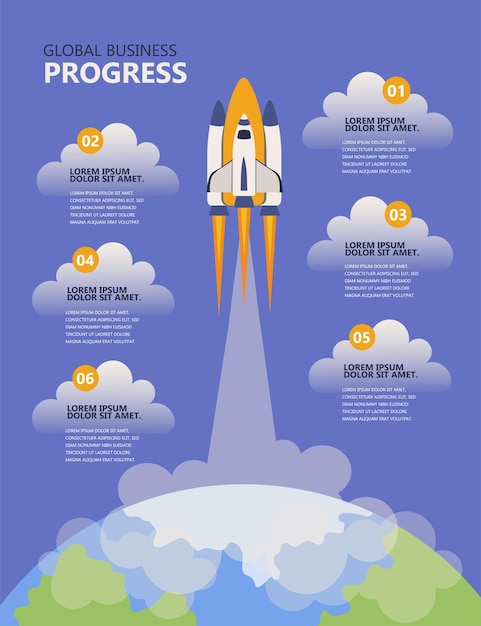 Vecteur global business progress concept launch start up ou projet de fusée décoller de la terre modèle pour