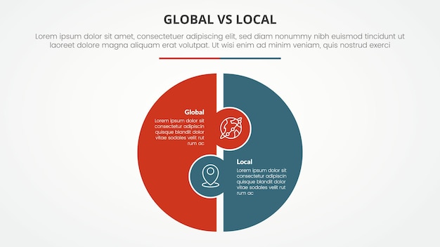 Global versus local versus comparaison opposé concept d'infographie pour la présentation de diapositives avec forme de puzzle de grand cercle avec style plat