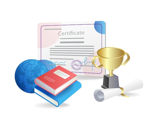 Globe de certificat et livre sur une illustration vectorielle de fond blanc