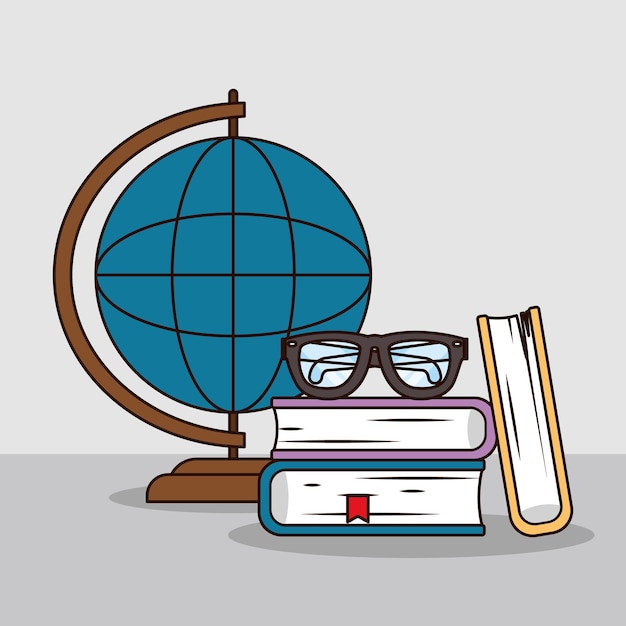 Vecteur globe avec des livres et des lunettes