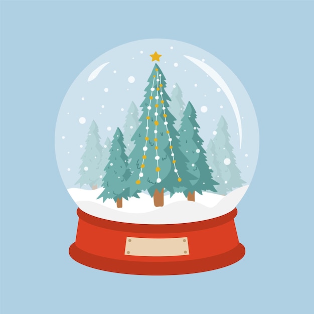 Vecteur globe de neige en verre avec arbre de noël boule décorative de la nouvelle année avec paysage d'hiver