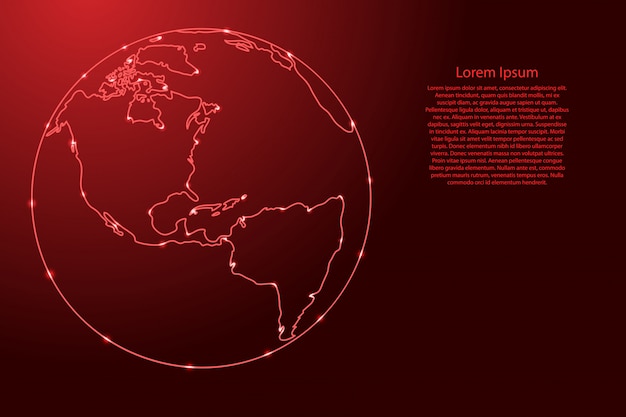 Globe planète terre avec les continents d'Amérique du Nord et d'Amérique latine du réseau de contours étoiles spatiales rouges et lumineuses.