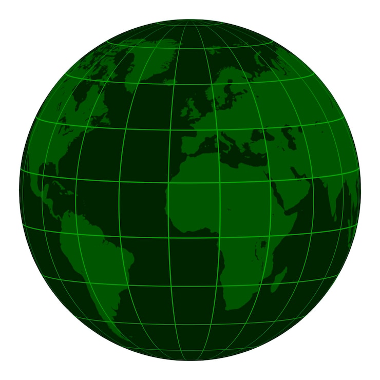 Vecteur globe terrestre modèle avec continents et grille de coordonnées matrice vert foncé de la crise le globe vectoriel zoom 3d avec meredian et parallèle