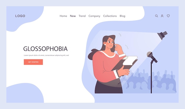 Vecteur glossophobia peur de parler en public bannière web ou page d'atterrissage humains peurs intérieures irrationnelles et