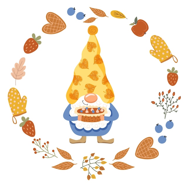 Vecteur gnom drôle avec une tarte illustration vectorielle d'automne