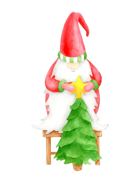 Gnome aquarelle mignon avec arbre de Noël