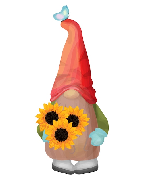 Vecteur gnome d'automne au chapeau rouge tenant un bouquet de fleurs de tournesol personnage de conte de fées vectoriel