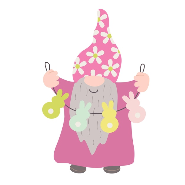 Gnome Drôle De Pâques Avec Guirlande Illustration Vectorielle Plane Dessinée à La Main Idéal Pour Les Cartes De Voeux