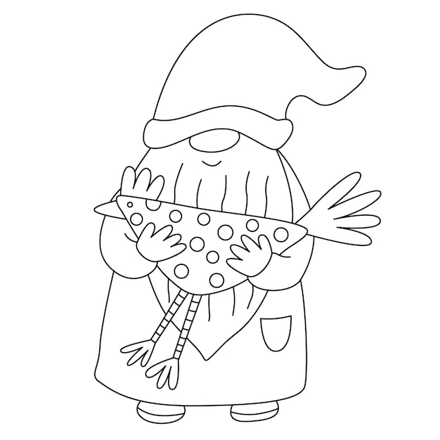 Gnome Drôle De Pâques Avec Une Poule Doodle Illustration Dessinée à La Main Contour Noir