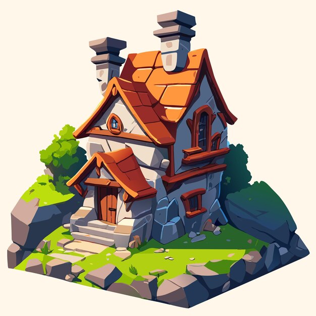 Vecteur gnome maison rustique en bois monde fantastique paysage dessiné à la main icône d'autocollant de dessin animé plat élégant