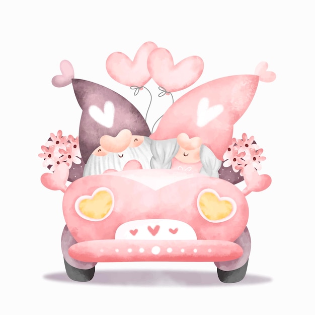 Gnome Mignon De Couple D'aquarelle Dans La Voiture Rose Avec Le Ballon Et Les Fleurs