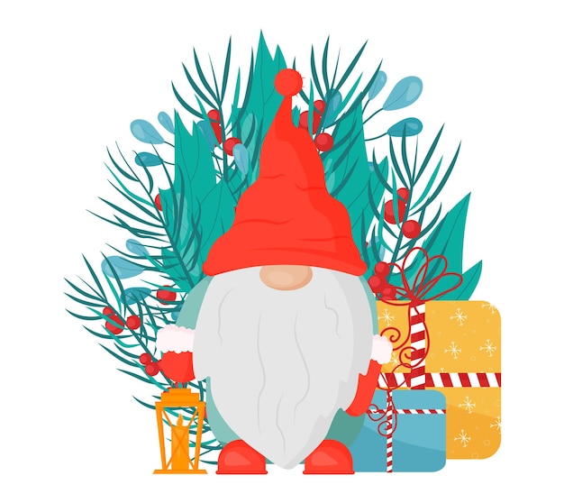 Vecteur gnome de noël scandinave avec branches de sapin et cadeaux à imprimer, autocollant, baies rouges