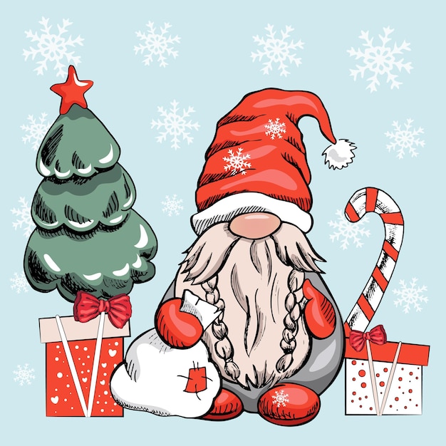 Gnome De Vecteur Pour Le Nouvel An Ou Noël Avec Des Cadeaux Un Arbre De Noël Une Canne En Bonbon Un Sac De Cadeaux