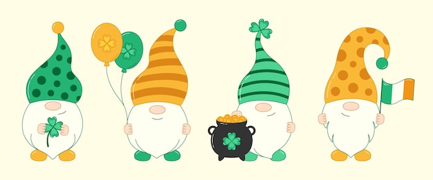 Vecteur gnomes chanceux irlandais de la saint patrick avec trèfle, ballon, pot de pièces d'or et drapeau irlandais.