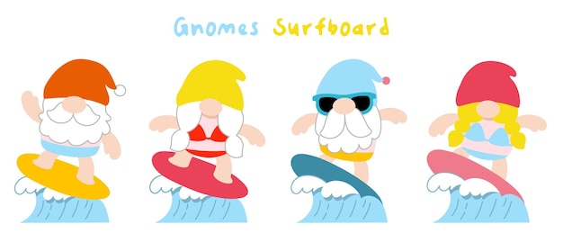 Gnomes planche de surf été plat clipart