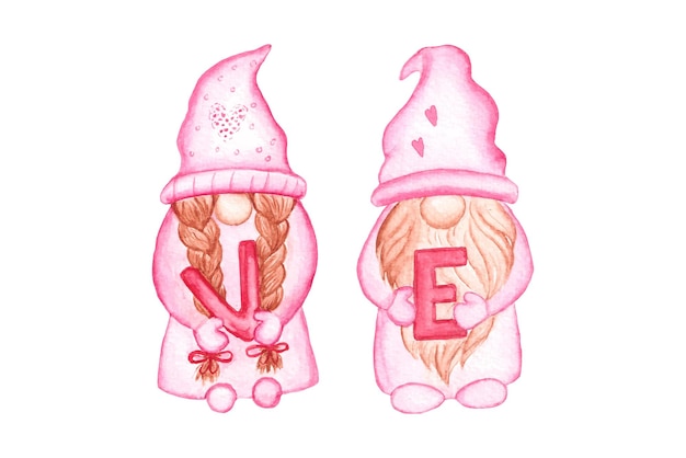 Gnomes de la Saint-Valentin à l'aquarelle, vecteur de gnome de la Saint-Valentin pour taie d'oreiller de t-shirt, albums,