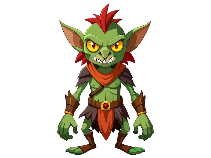 Vecteur goblin vert dans un style de dessin animé isolé sur un fond blanc concept d'halloween personnage fantastique troll créature mythique œuvre d'art ludique illustration capricieuse élément de conception imprimée