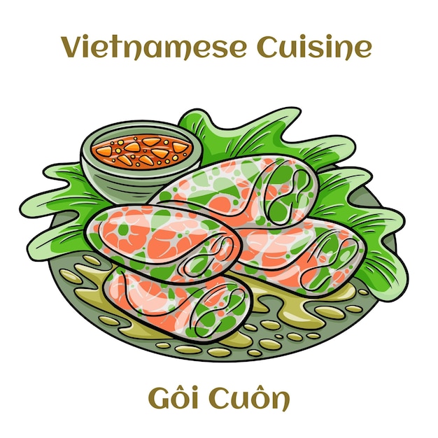 Vecteur goi cuon cuisine de rue vietnamienne rouler ce délicieux enveloppé de crevettes porc légumes pain dans du papier de riz illustration vectorielle isolée