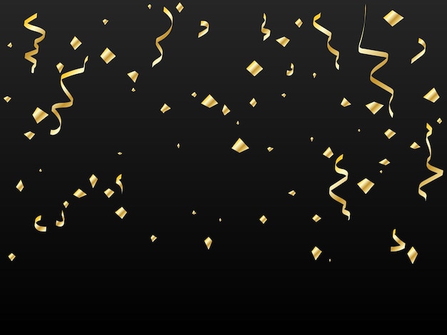 Golden Tiny Confetti And Streamer Ribbons Falling On Black Background Vector