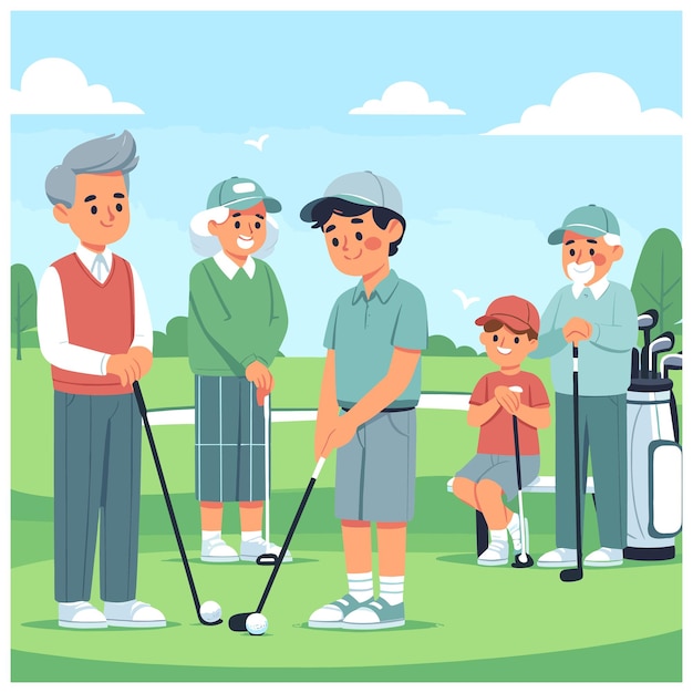 Vecteur golf et hommes sur un parcours pour une compétition d'entraînement ou une illustration de jeu professionnel