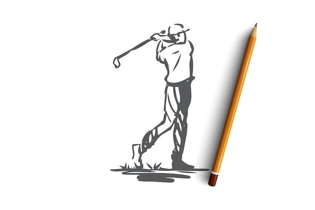 Golf, Tournoi, Jeu, Sport, Concept De Golfeur. Joueur Dessiné Main Sur Croquis De Concept De Tournoi De Golf. Illustration.