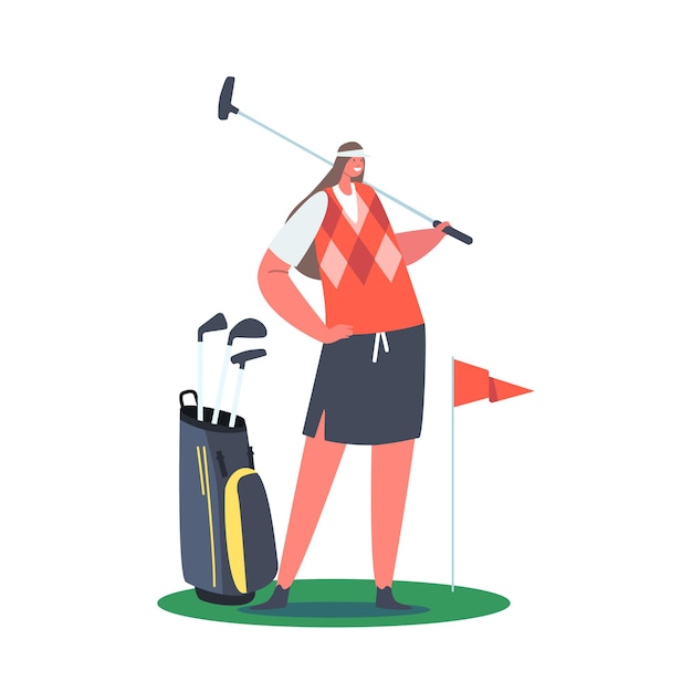 Golfeur Femme Posant Avec Golf Club, à Green Lawn. Sportswoman Hobby Et Activités De Loisirs De Plein Air Concept. Jeune Personnage Féminin Jouant Au Golf Isolé Sur Fond Blanc. Illustration Vectorielle De Dessin Animé