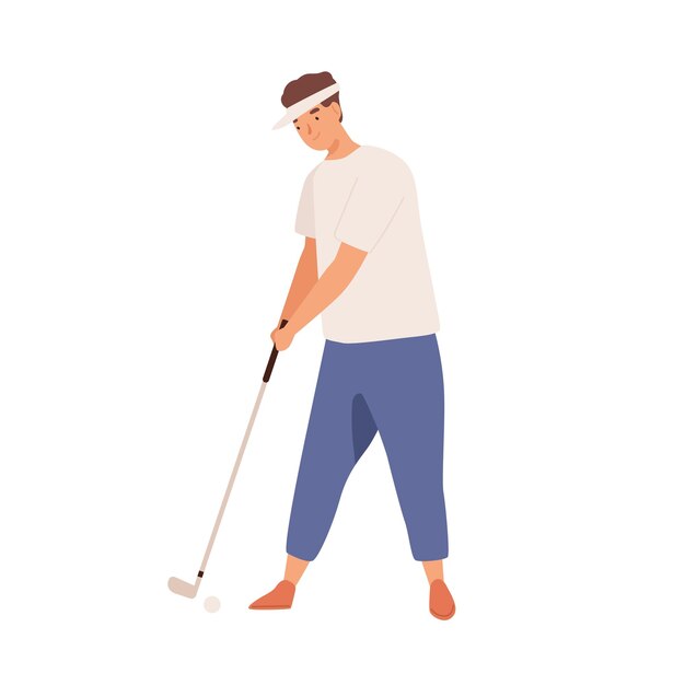 Vecteur golfeur masculin professionnel avec club de golf. souriant jeune homme jouant au golf avec niblick. illustration de dessin animé de vecteur plat de sportif pratiquant isolé sur fond blanc.