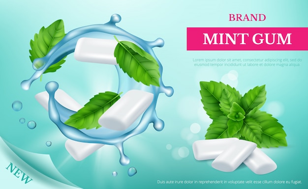 Gomme à la menthe. Affiche publicitaire avec des bonbons frais et des feuilles de modèle réaliste de vecteur de menthe