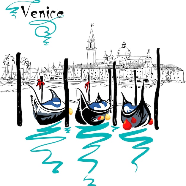 Gondoles amarrées par la place Saint Marc avec l'église San Giorgio di Maggiore en arrière-plan dans la lagune de Venise, Italie.