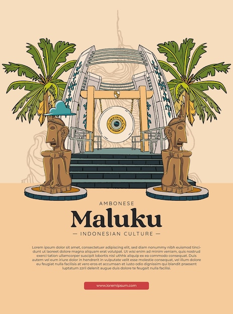 Vecteur gong de la paix mondiale placé dans la culture indonésienne de maluku inspiration de conception d'affiche d'illustration dessinée à la main