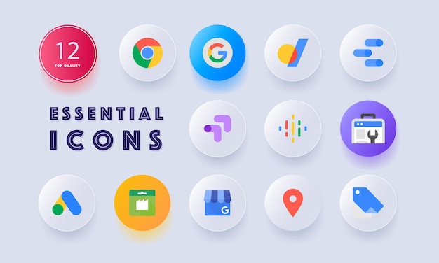 Google set icon Chrome google podcast one drive maps pixel search concsole optimise google ads média interactif manafactured center Glassmorphism style Vector line icon for Business