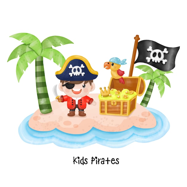 Gosses, pirate, capitaine, et, marin, caractères, aquarelle Clipart