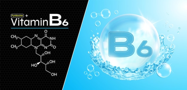 Vecteur goutte d'eau de vitamine b6 gouttes jaunes avec éclaboussures d'eau complexe de pyridoxine avec produit chimique naturel