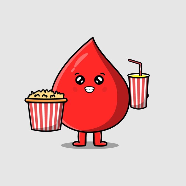 Goutte De Sang De Dessin Animé Mignon Avec Pop-corn Et Boisson Prête à Regarder Un Film En Illustration Vectorielle De Cinéma