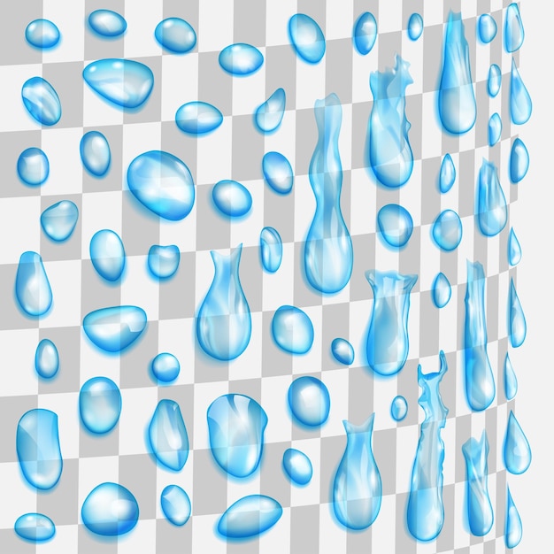 Gouttes bleu clair transparentes coulant le long d'une surface cylindrique