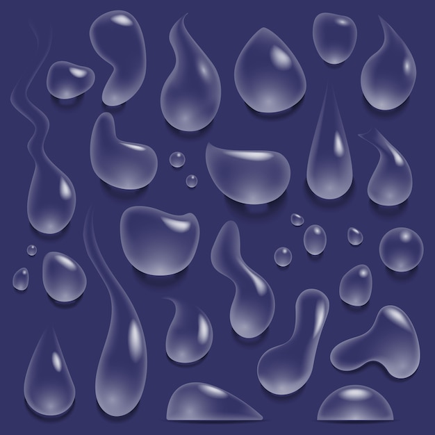 Gouttes d'eau. Goutte réaliste d'eau pure, gouttelettes de pluie et éclaboussures, larmes de jeu d'illustrations de formes différentes. Bulles d'aqua brillantes transparentes coulant sur une surface bleue