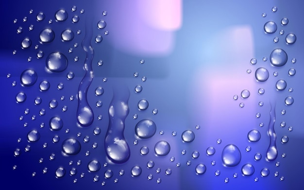 Vecteur gouttes de pluie d'eau ou condensation sur fond flou au-delà de la fenêtre illustration vectorielle 3d transparente réaliste, facile à mettre sur n'importe quel arrière-plan ou à utiliser des gouttelettes séparément.