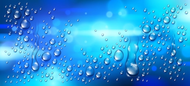 Gouttes de pluie d'eau ou condensation sur fond de ville nocturne floue au-delà de la fenêtre, illustration vectorielle 3d transparente réaliste, facile à mettre sur n'importe quel arrière-plan.