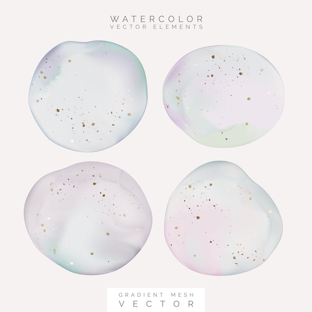 Gradient Mesh Vector Aquarelle Dessin Abstrait Minimal ou Drop avec Effet Feuille d'Or Pastel Violet Bleu et Beige Couleurs