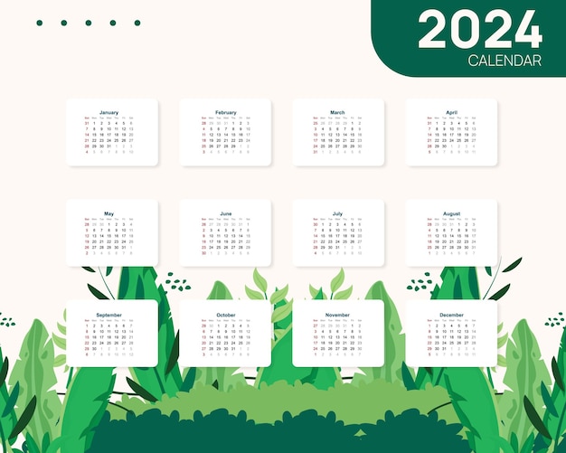 gradient vectoriel 2024 modèle de calendrier vert avec végétation florale