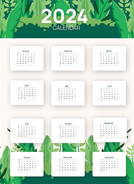 gradient vectoriel 2024 modèle de calendrier vert avec végétation florale