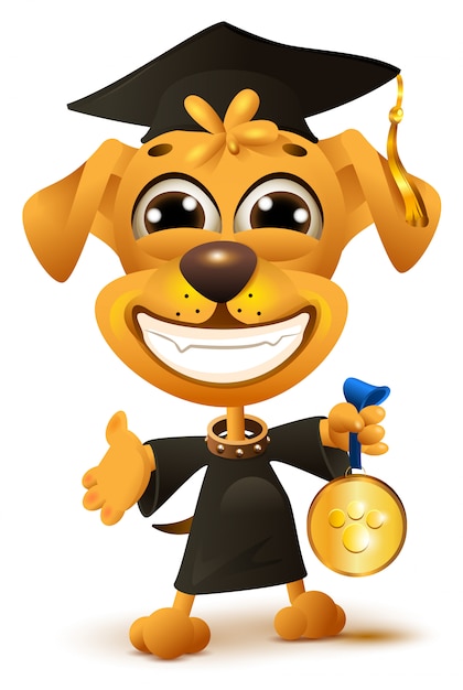 Graduation De L'école De Chien. Chiot Jaune En Robe Noire Avec Récompense