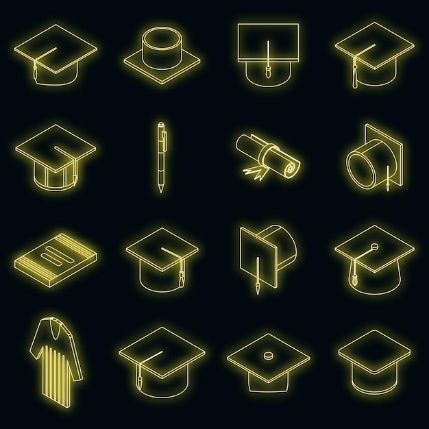 Graduation Hat Icons Set Vector Néon