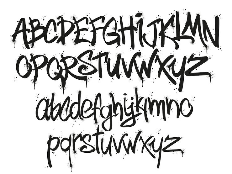 Vecteur graffiti tags marqueur police street art lettrage concepteur urbain typographie lettres et alphabet avec tag marqueur éclaboussures vecteur ensemble
