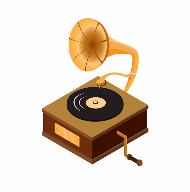 Gramophone Avec Disque Vinyle, Boîte En Bois Classique Lecteur De Musique Audio Périphérique En Illustration Plate De Dessin Animé Isométrique