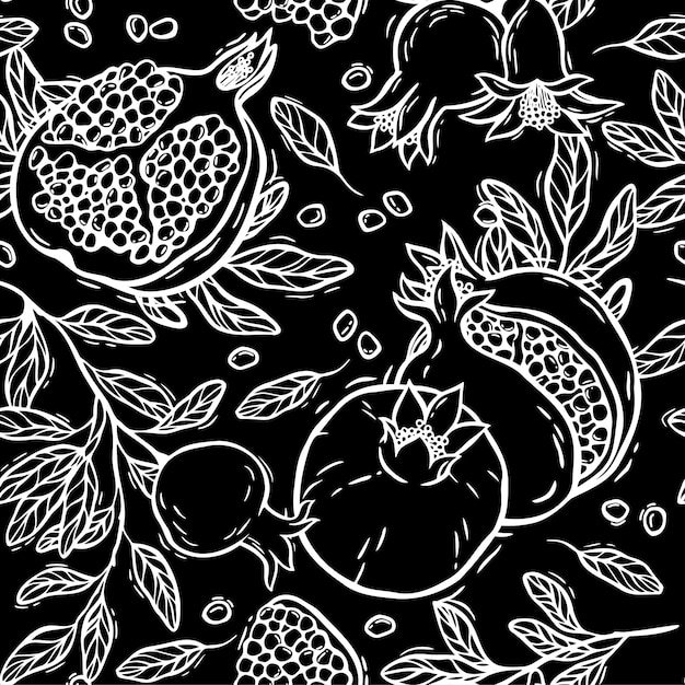 Granates avec feuilles et graines Motif sans couture vectoriel dans le style graphique sur un fond noir
