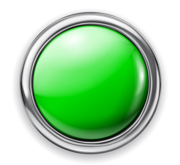 Vecteur grand bouton en plastique vert réaliste avec une mince bordure métallique brillante avec une ombre sur fond blanc